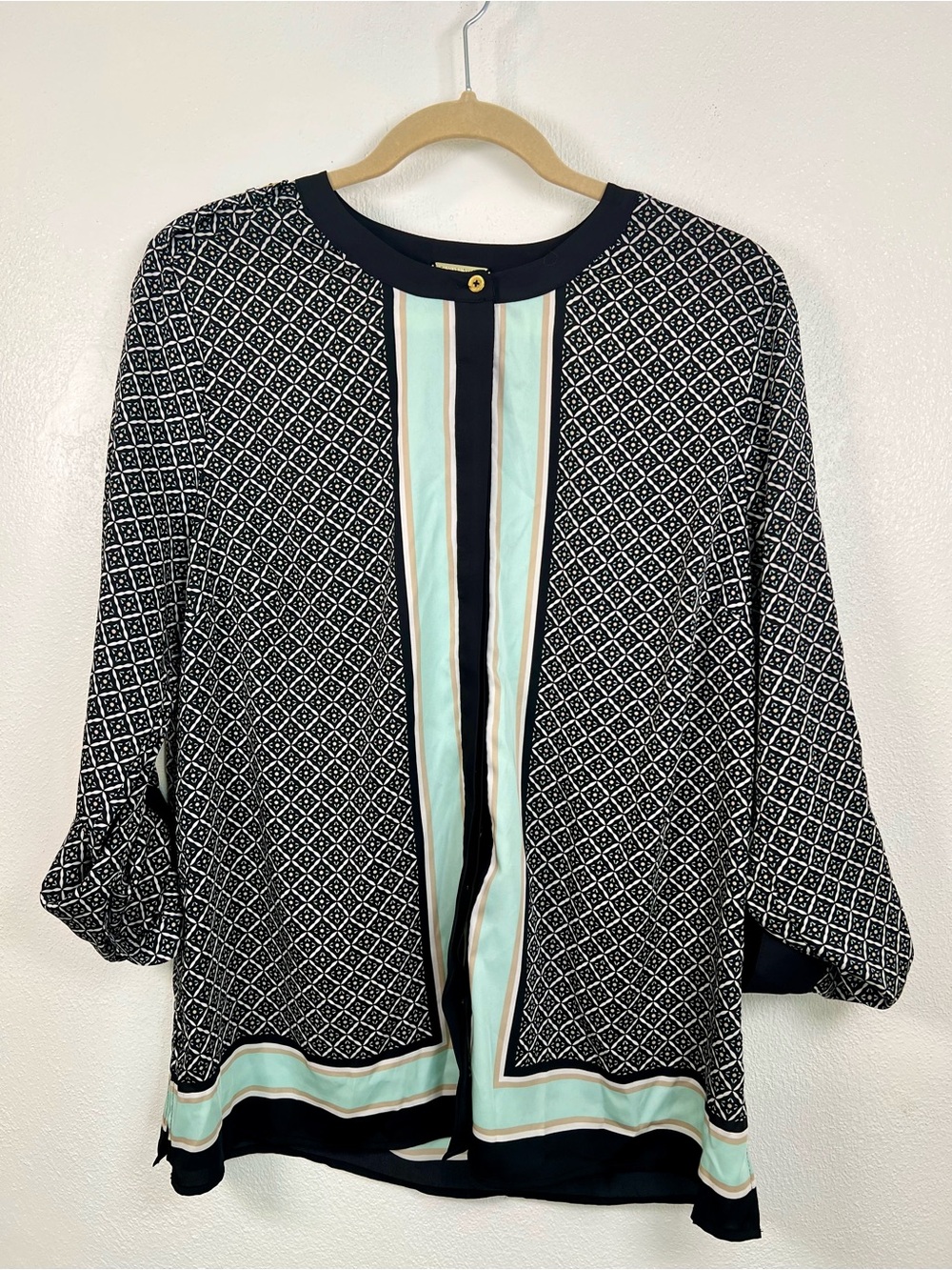 Dana Buchman Geometric Print Blouse Mint Green Stripe Roll Tab Sleeve Size 14